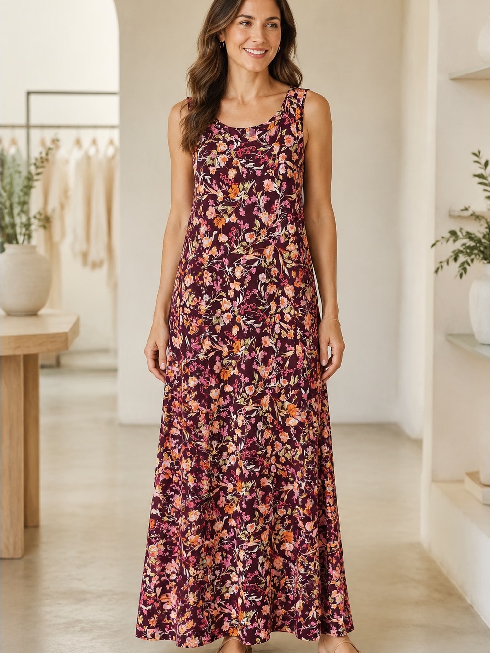 Vince Camuto Burgundy Floral Maxi Dress with Pink & Orange Accents